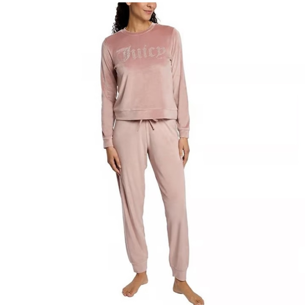 Juicy Couture Sleepwear Velour Rhinestone Long Sleeve and Pants Set in Pink